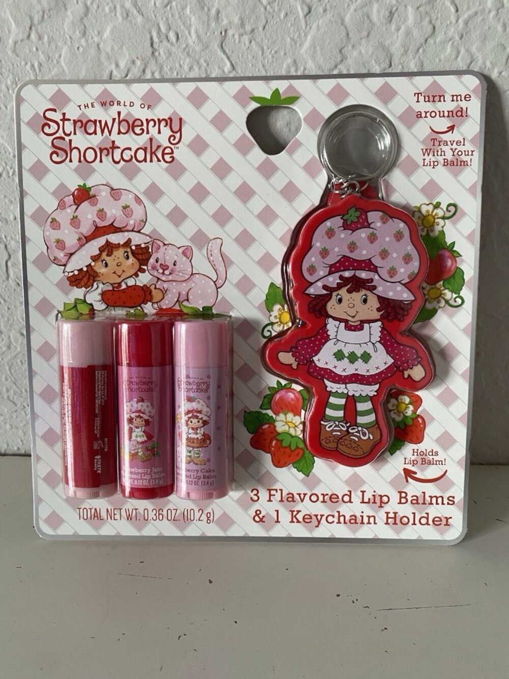 Set Of 3 Strawberry Shortcake Flavored Lip Balms And Keychain Holder NEW